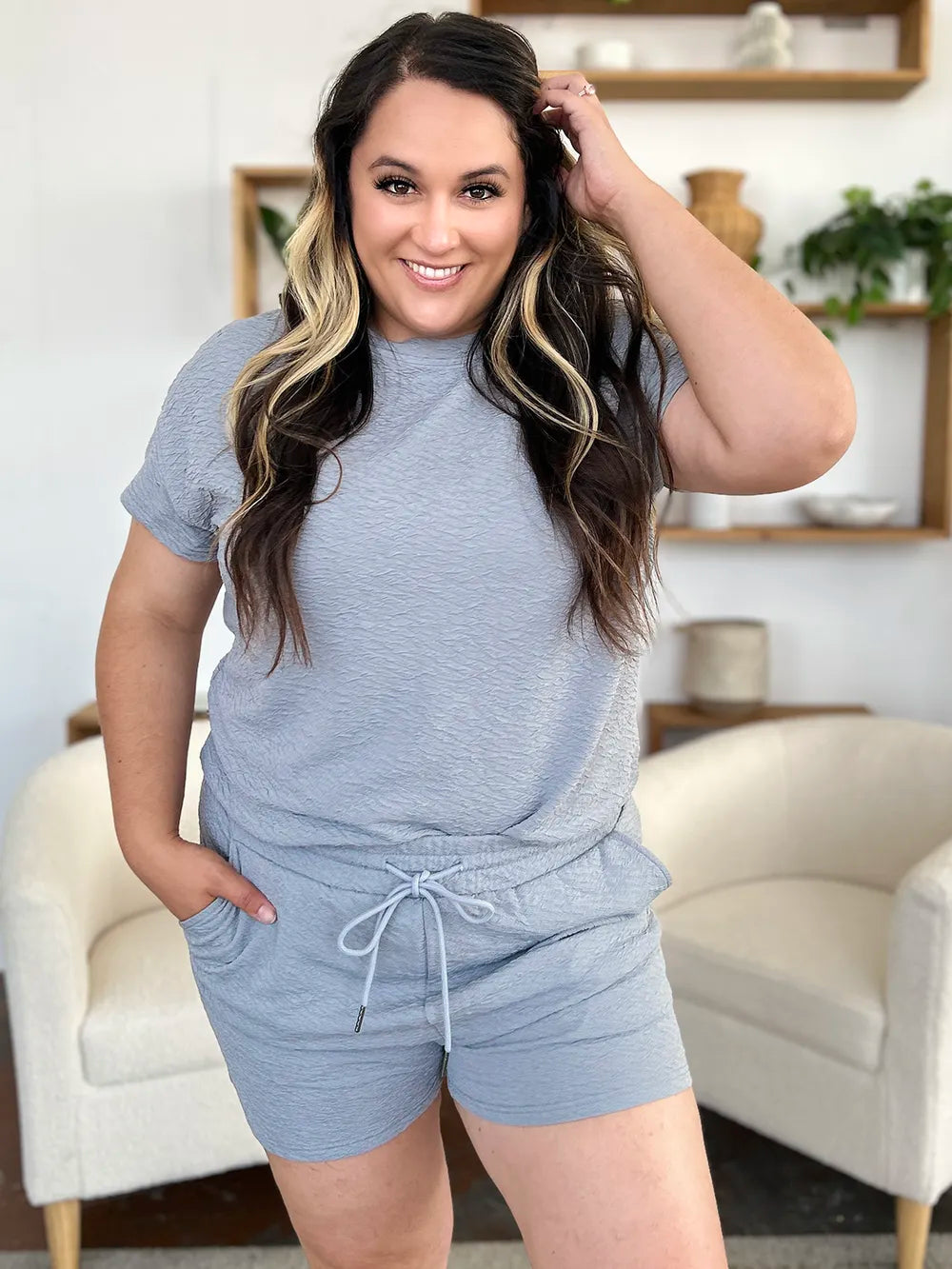 Double Take Full Size Texture Short Sleeve T-Shirt and Drawstring Shorts Set - Fashorio