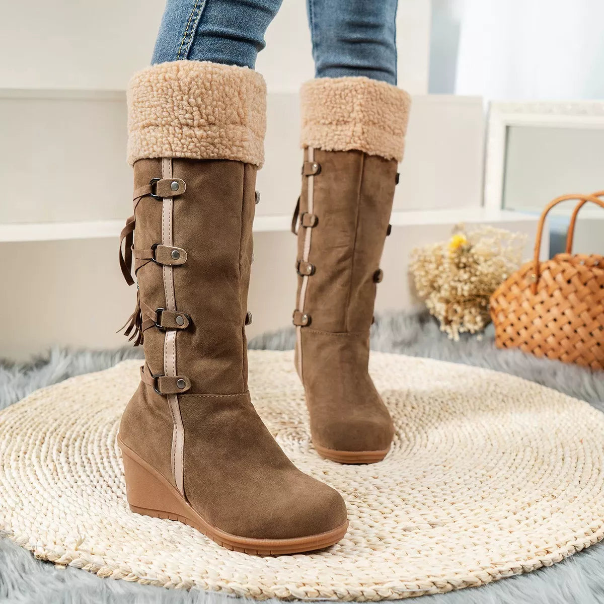 Round toe wedge boots angled studio view