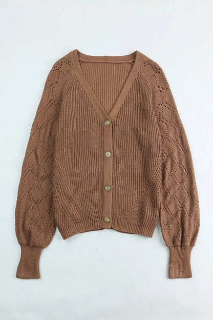 Openwork V-Neck Button Up Cardigan - Fashorio