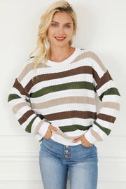 Striped Openwork Dropped Shoulder Sweater Multicolor - Fashorio