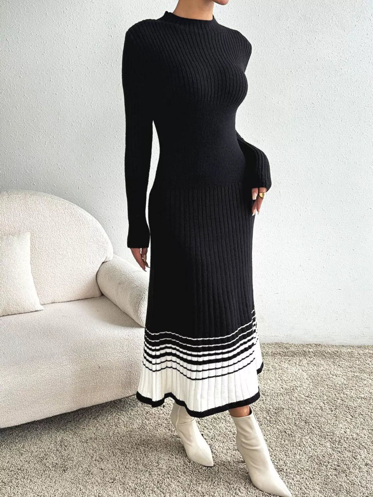 Ribbed knit sweater dress full length view