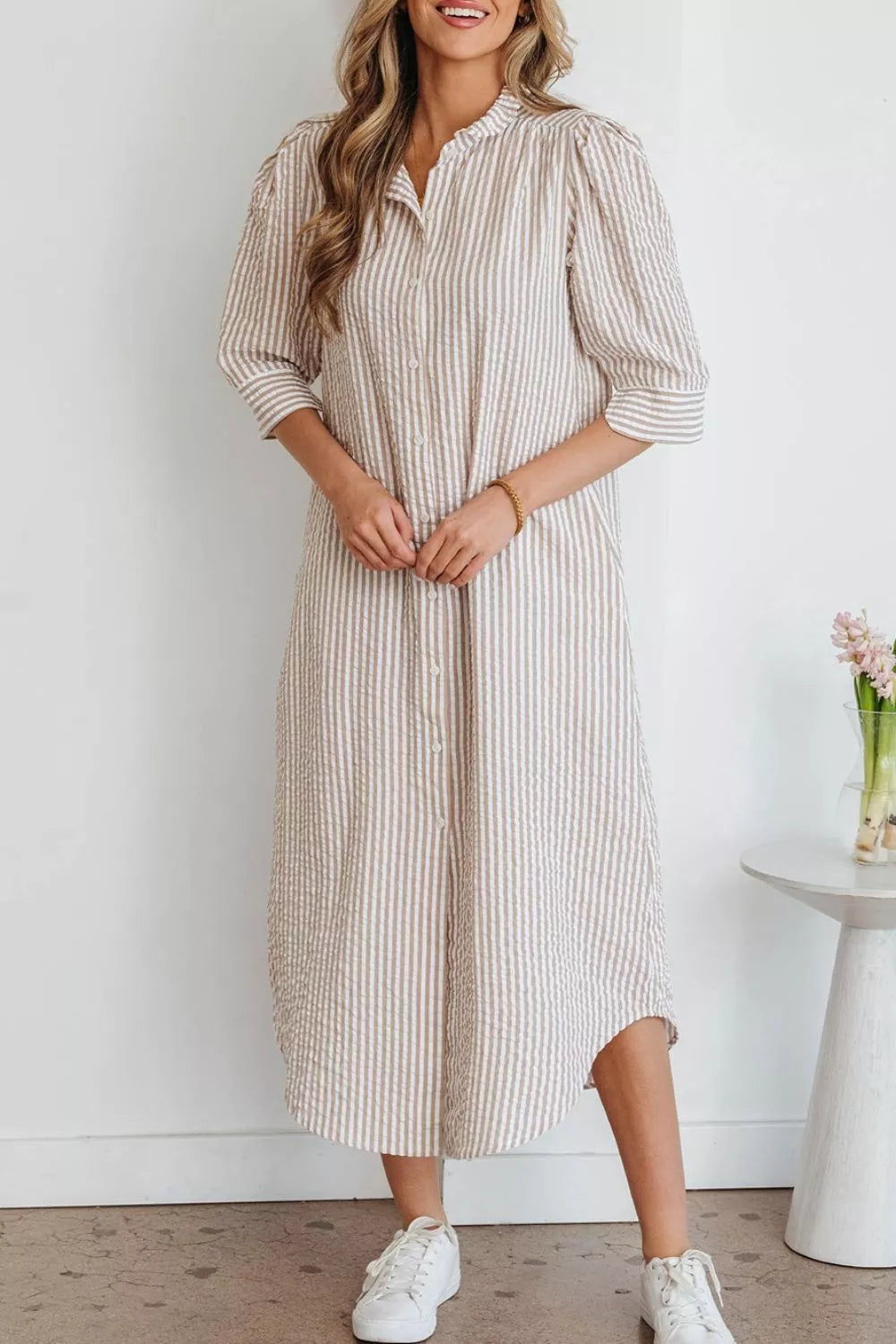 Half sleeve detail on striped dress