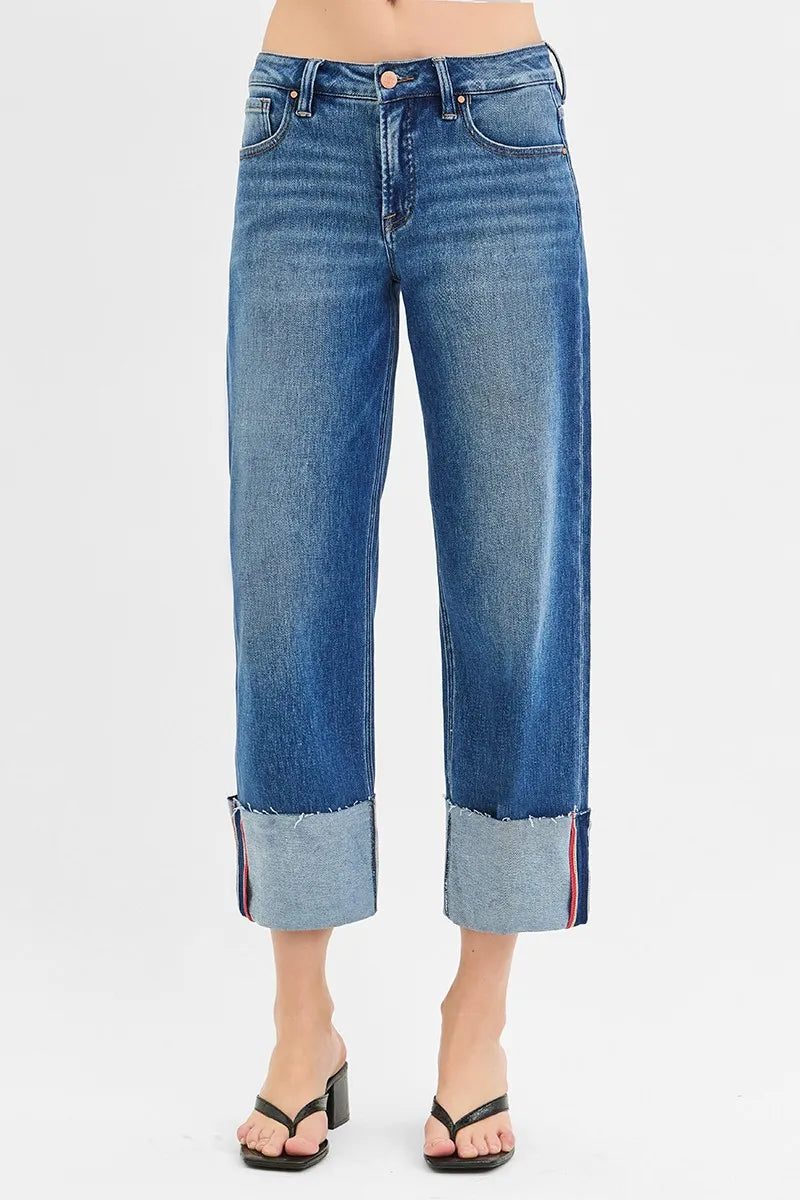 RISEN tummy control cropped wide leg cuffed jeans front