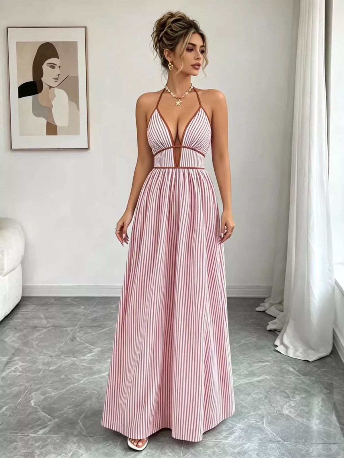 Striped sleeveless maxi dress full length view
