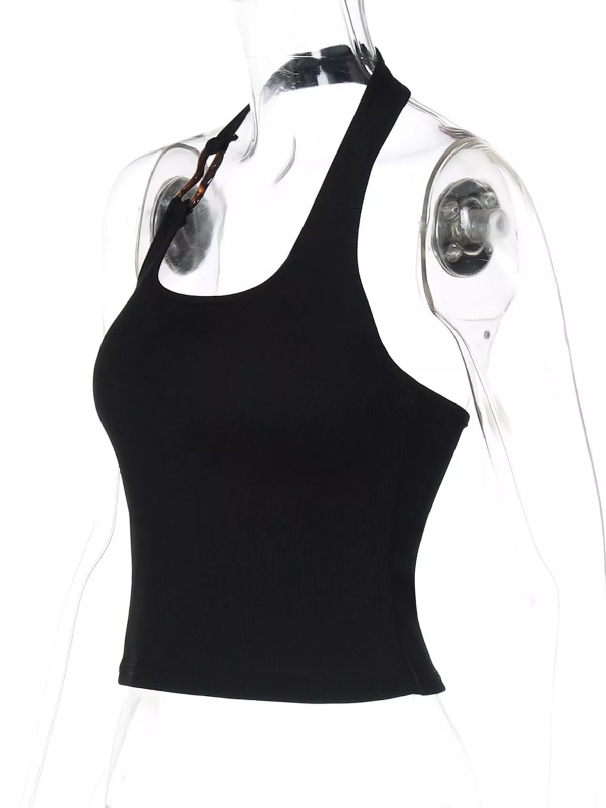 Sable ribbed halter neck tank top in black, front view