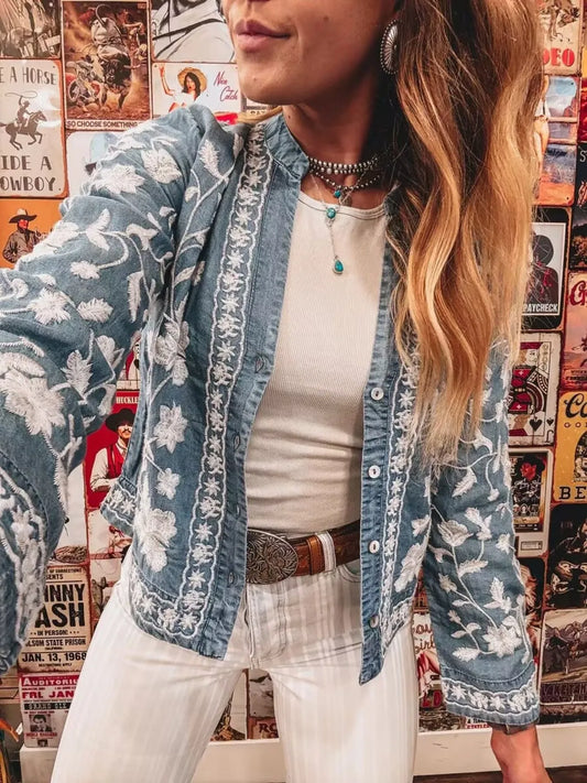 Floral Embroidered Button Up Denim Shirt Light - Fashorio