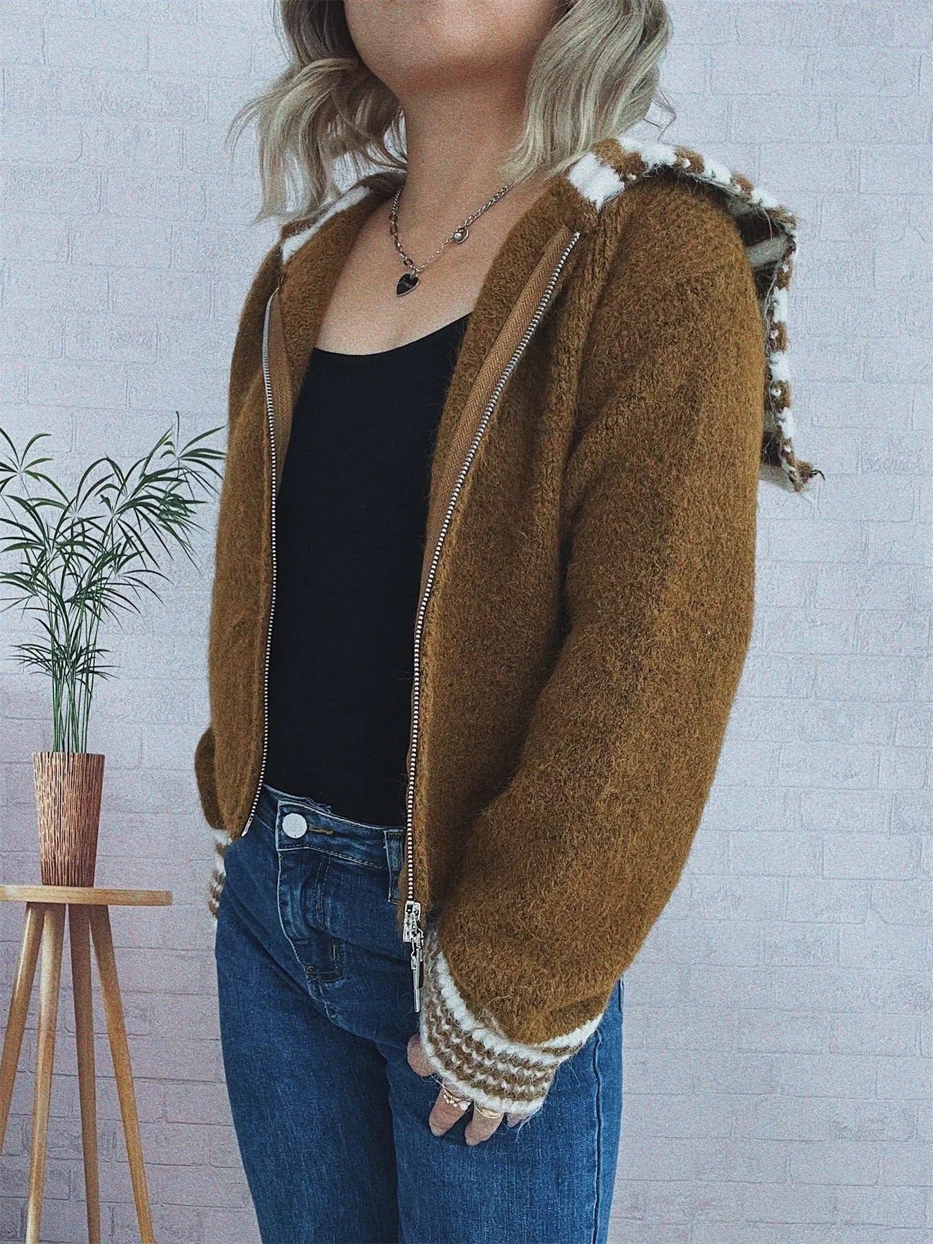 Striped Zip-Up Cardigan - Fashorio