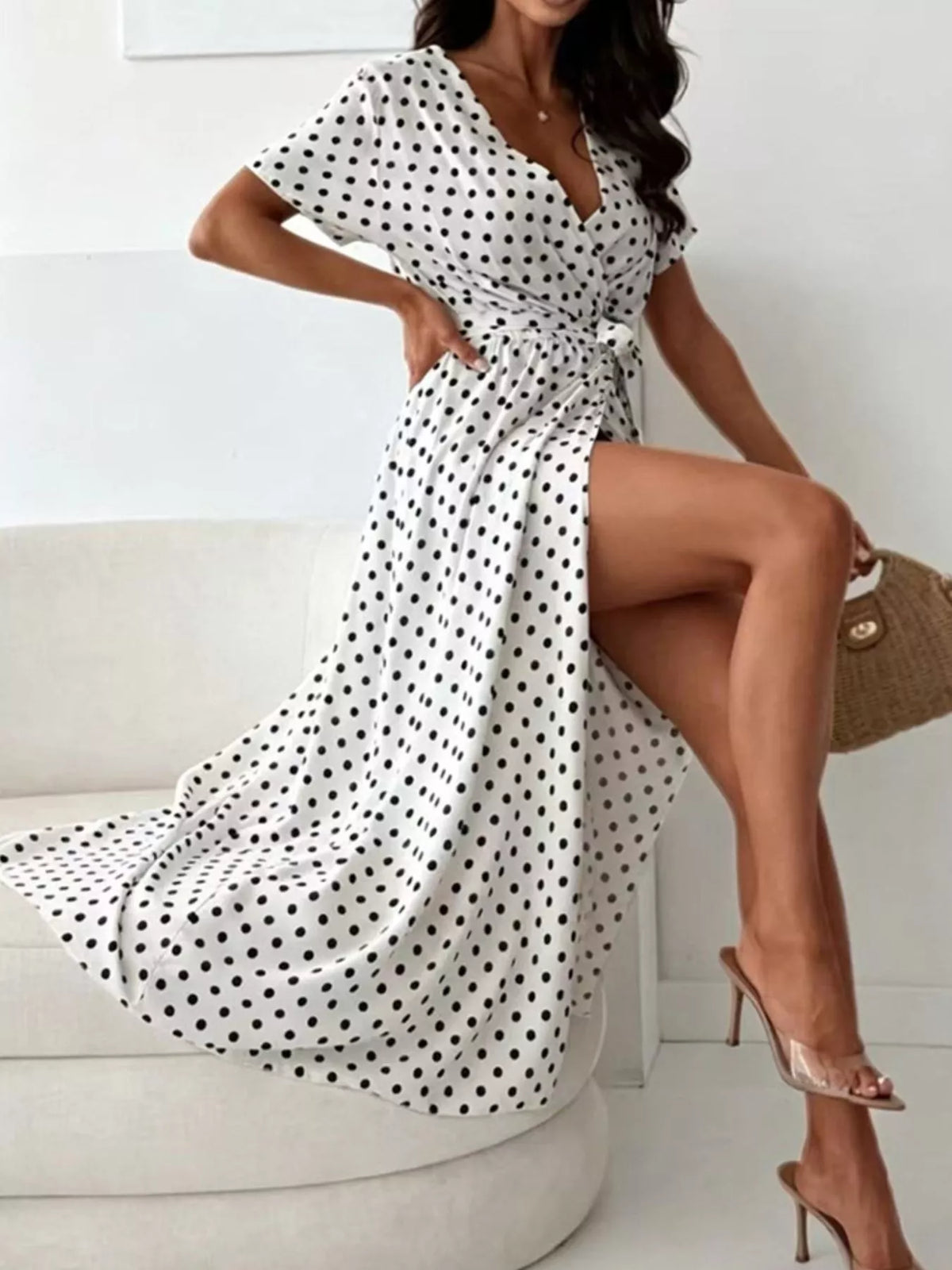 Polka dot surplice maxi dress with belt and slit detail view