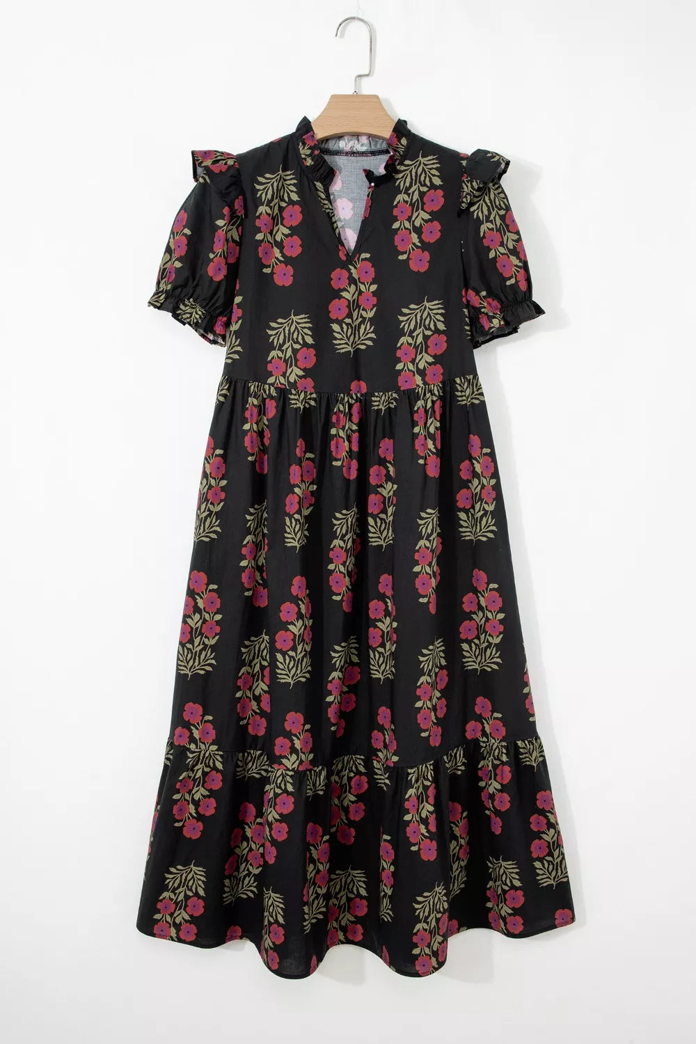 Black floral cotton tiered maxi dress with pockets detail view