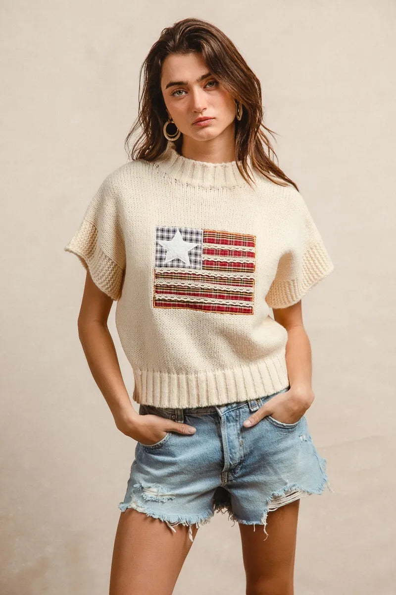 BiBi American Flag Patchwork Drop Shoulder Sweater - Fashorio