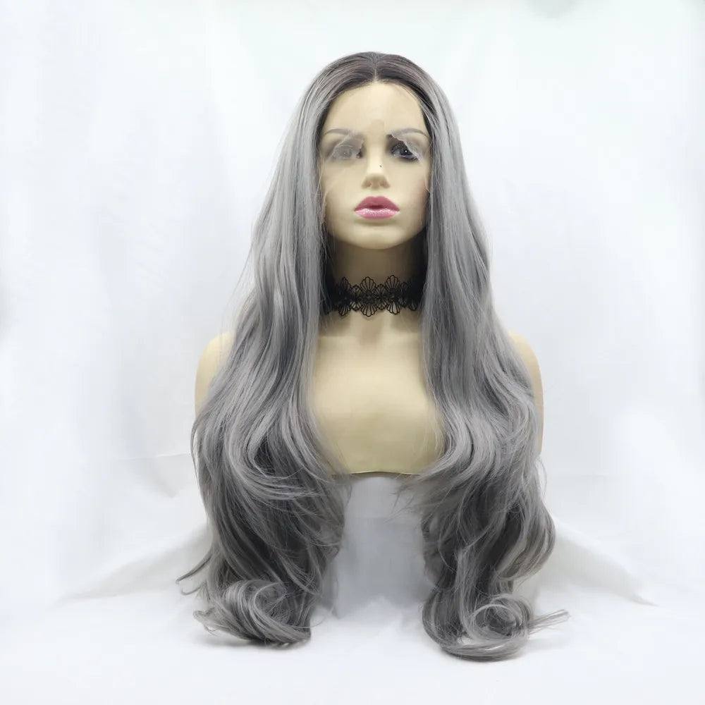 Long wavy grey lace front wig front view