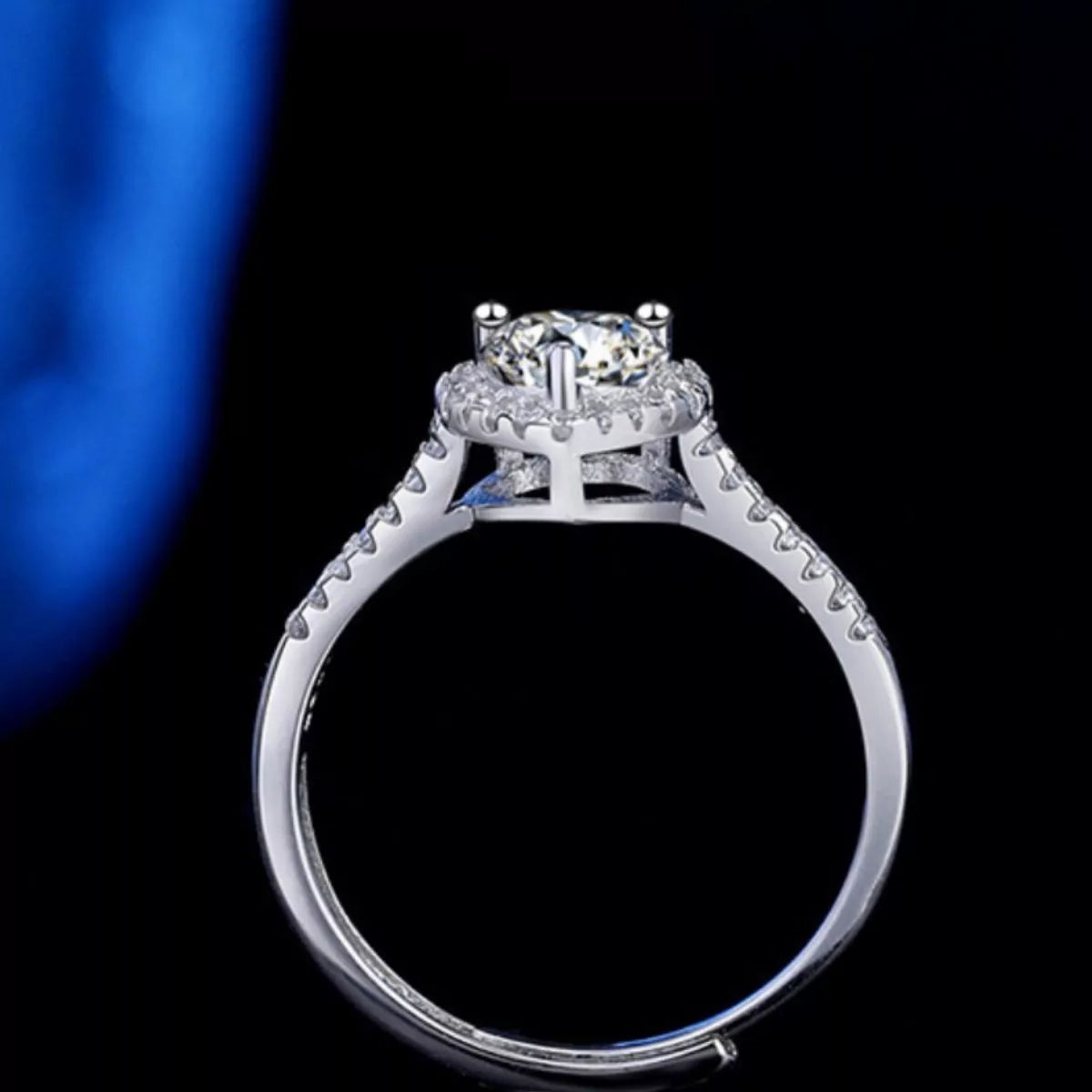 One carat heart moissanite sterling silver ring detail view