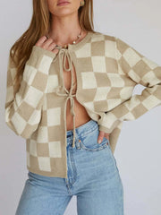 Checkered Tie-Front Cropped Cardigan Khaki - Fashorio