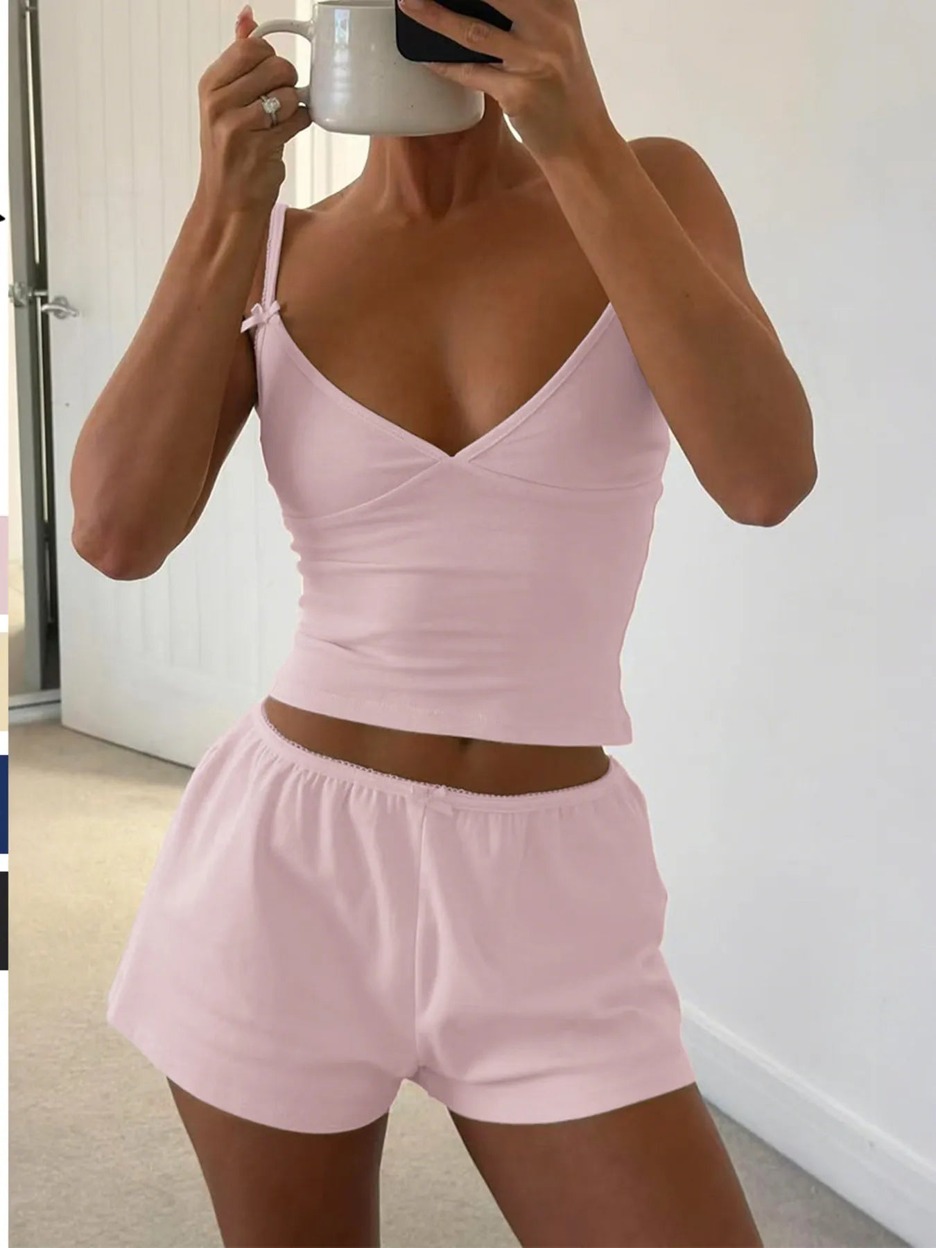 V-Neck Cami and Shorts Set Pink - Fashorio