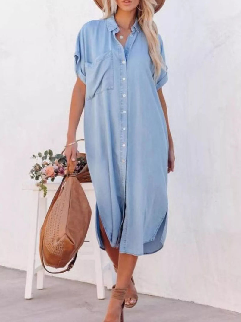Light blue button front collared shirt dress with side slits front view