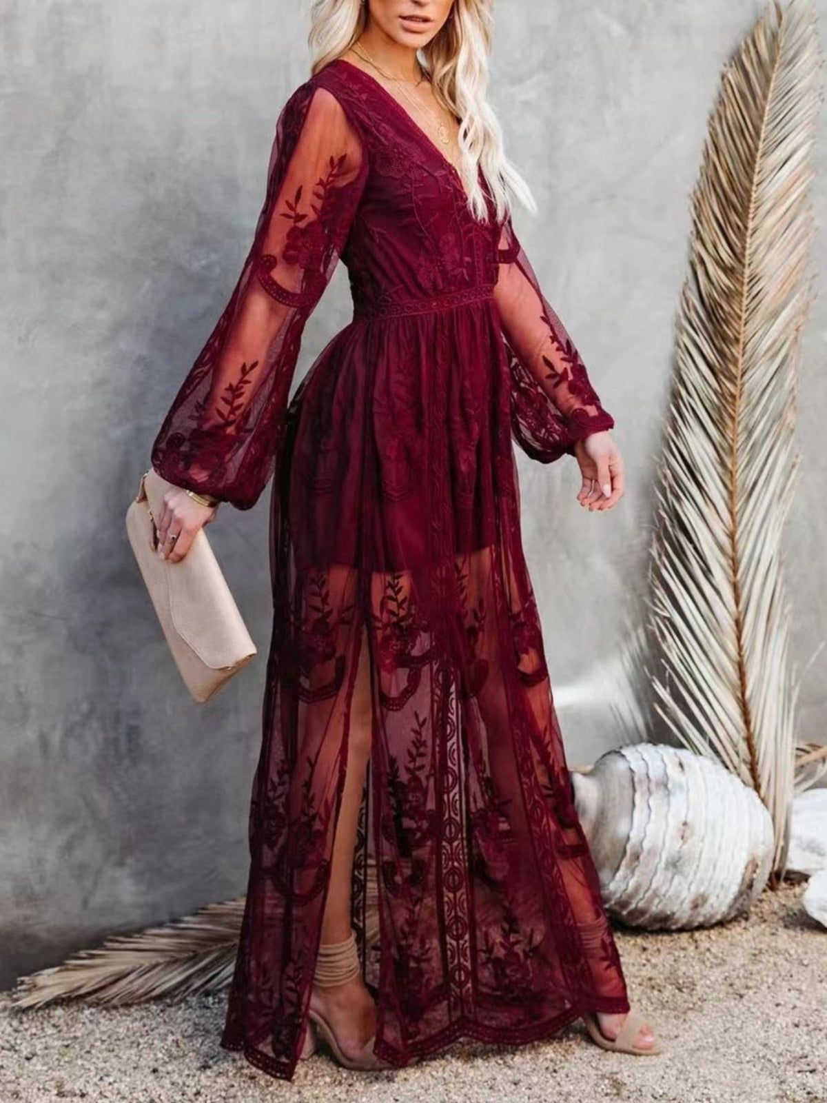 Floral lace slit maxi dress close up of fabric