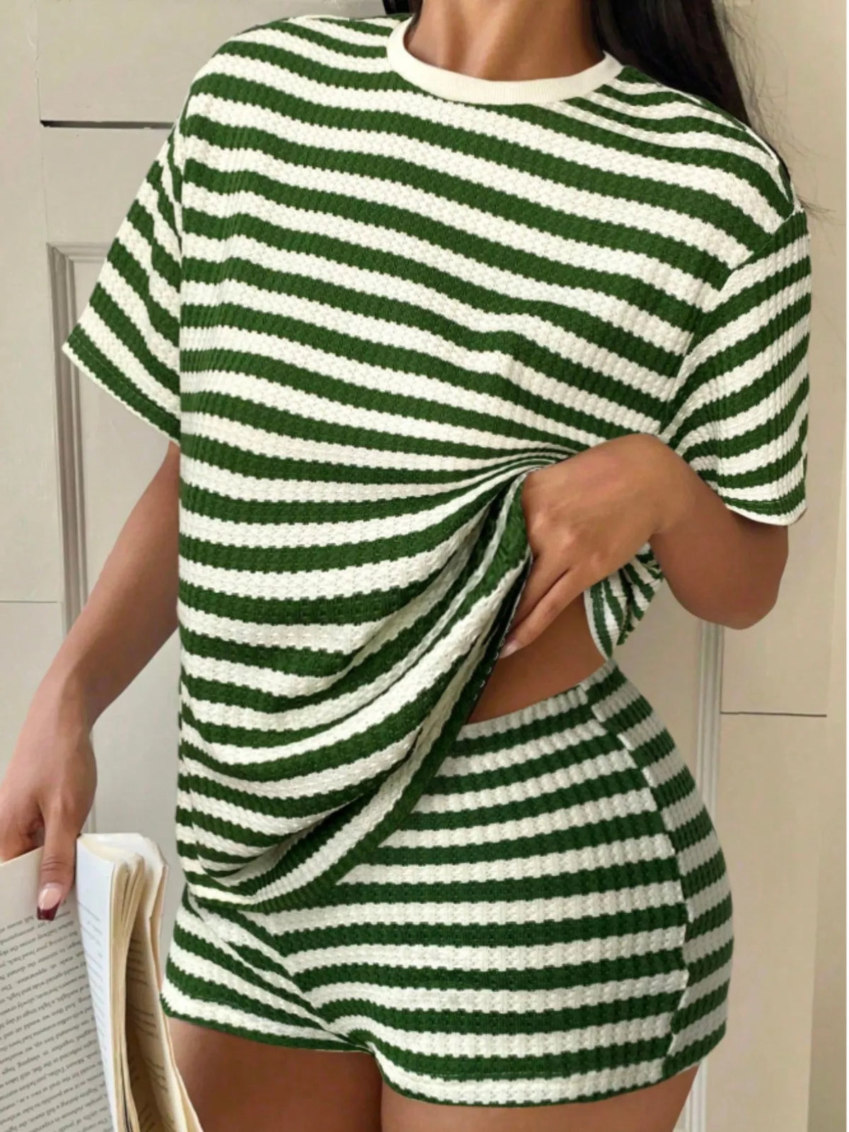 Matching striped round neck top and shorts outfit