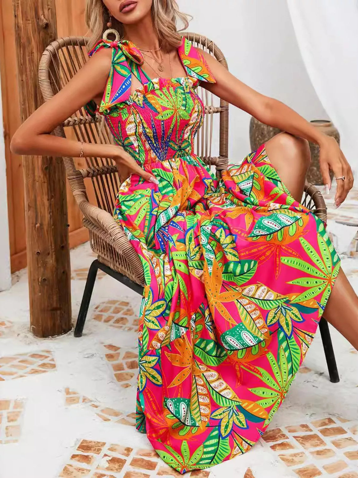 Tropical print smocked tie strap dress front view