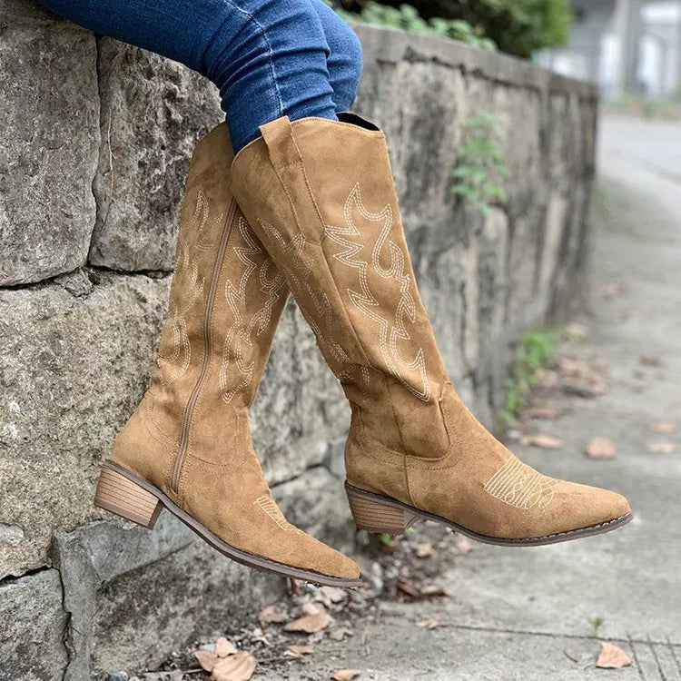 Suede point toe block heel boots top down view
