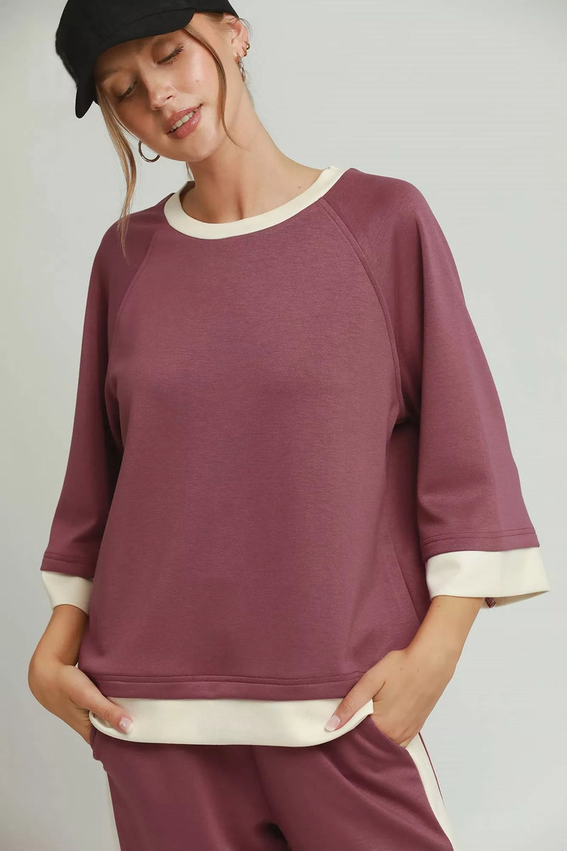 Umgee marsala colorblock raglan sleeve top front view
