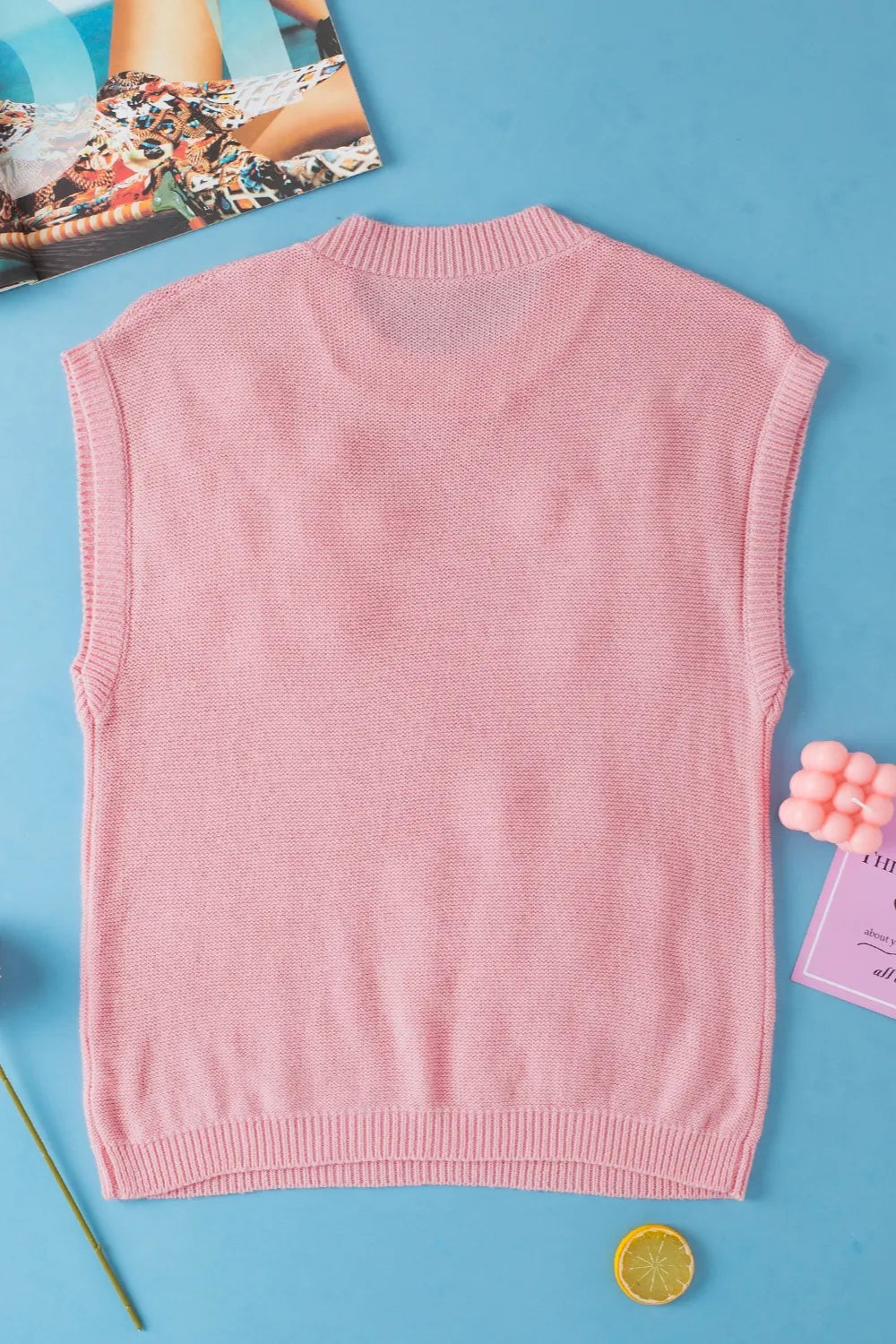 Crochet Flower Round Neck Sweater Vest in White and Dusty Pink view 9