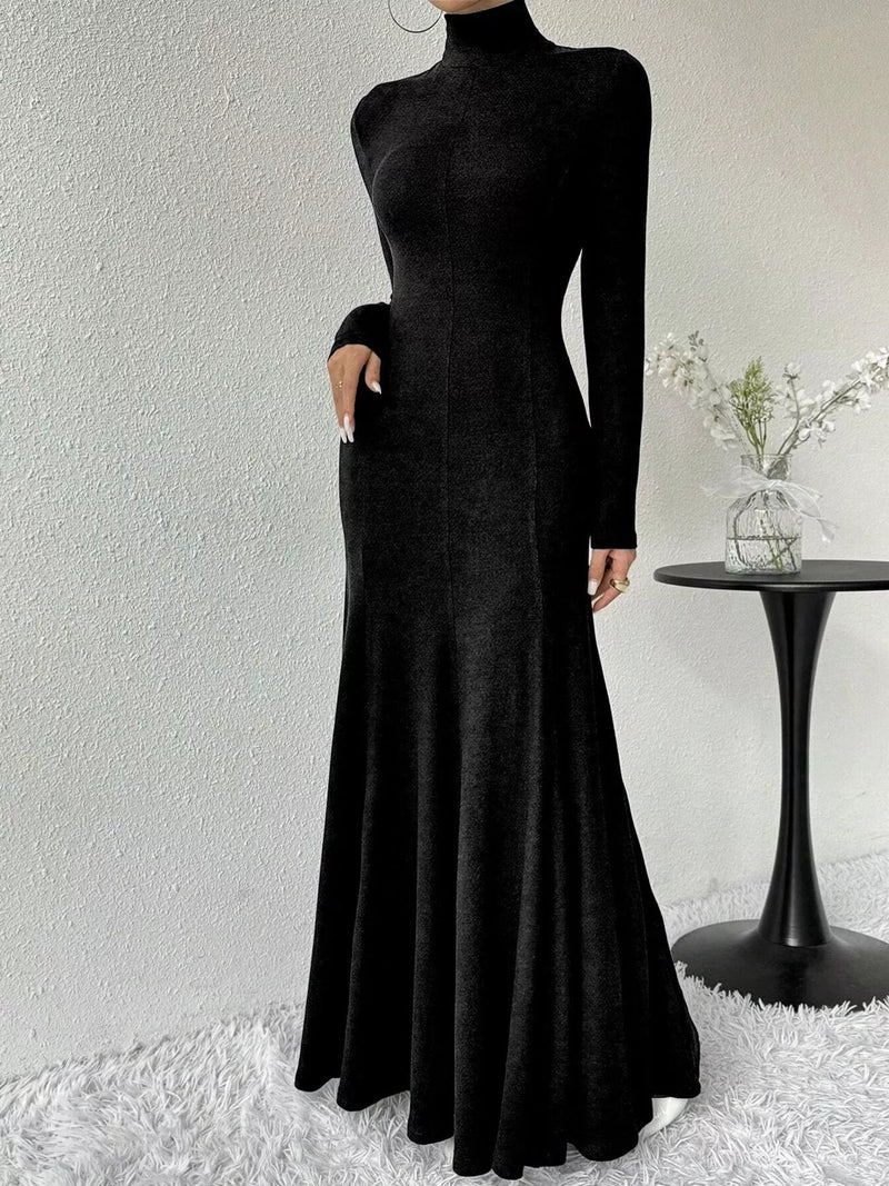 Turtleneck long sleeve mermaid maxi dress front view