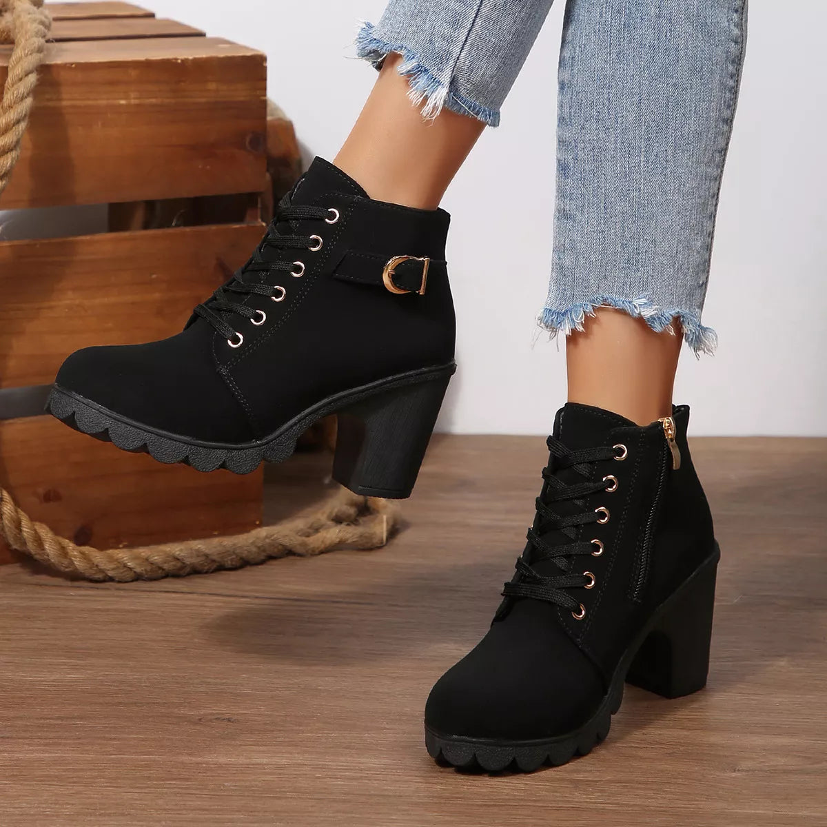Lace up block heel suede boots front view