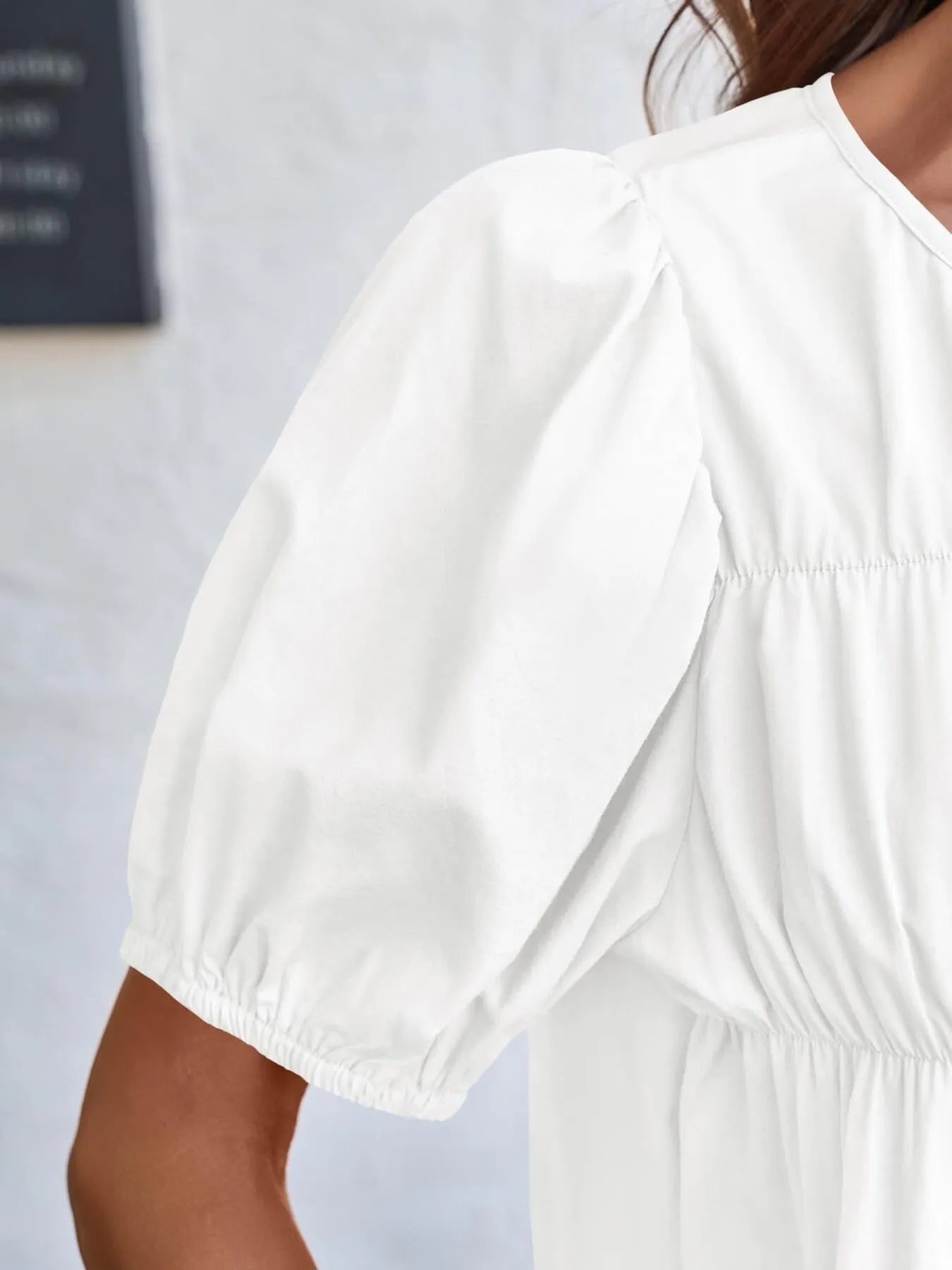 Tiered Round Neck Puff Sleeve Ruched Blouse - Fashorio