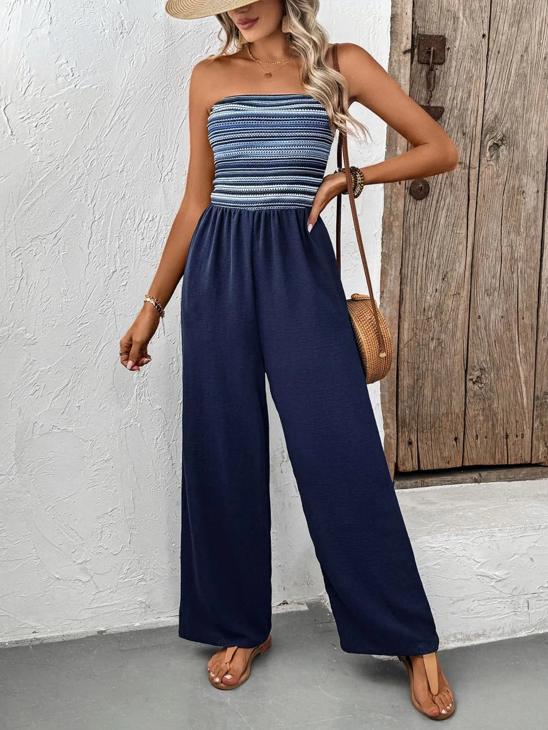 Blue jumpsuit neckline detail
