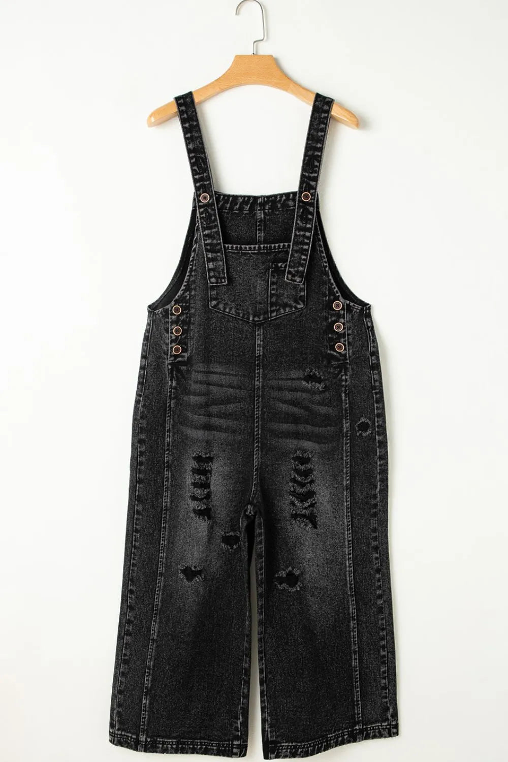 Distressed Wide Strap Denim Overalls - Fashorio