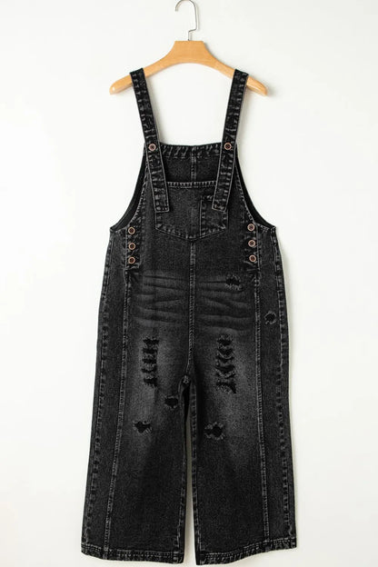 Distressed Wide Strap Denim Overalls - Fashorio