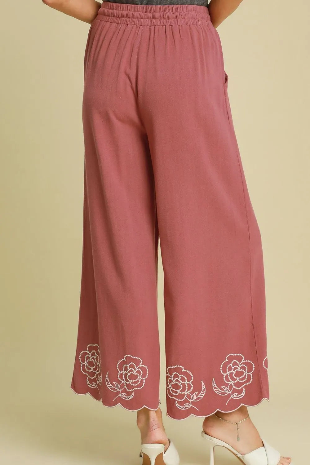 Umgee Full Size Linen Blend Wide Leg Pants with Scalloped Hemline Plus Size - Fashorio