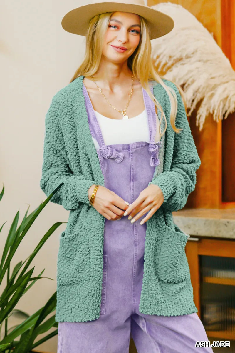 Zenana Long Sleeve Popcorn Sweater Cardigan with Pockets - Fashorio