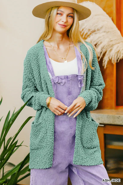 Zenana Long Sleeve Popcorn Sweater Cardigan with Pockets - Fashorio