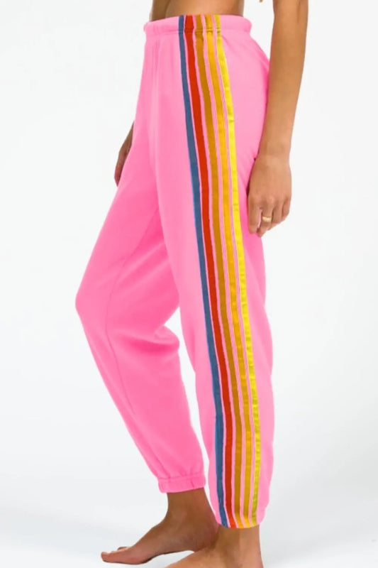 Contrast Striped Elastic Waist Active Pants Pink - Fashorio