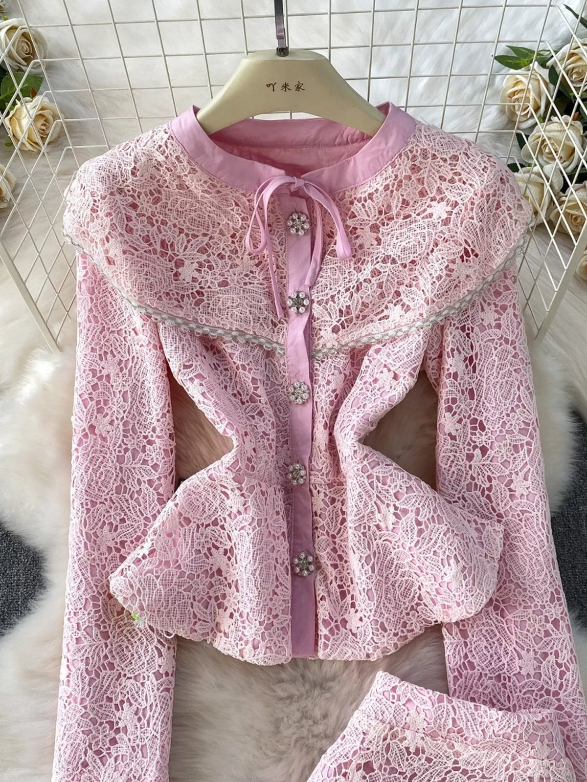 Blush pink lace top and skirt set detail