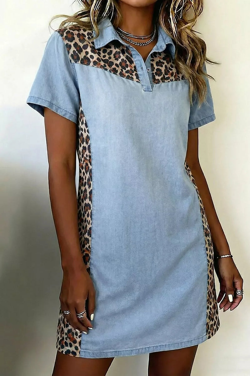 Light blue dress with leopard print panel front view