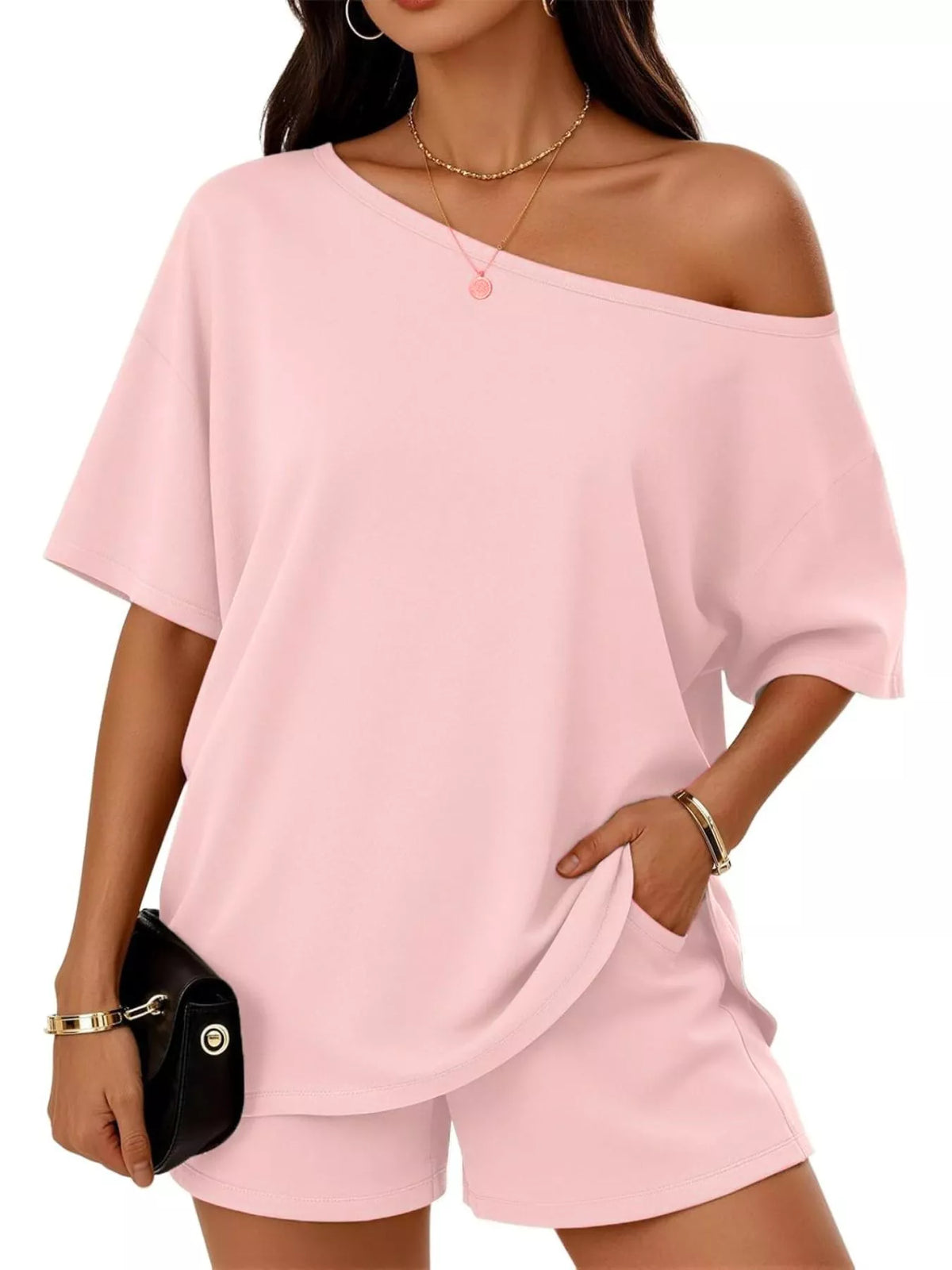 Boat Neck Tee and Shorts Two Piece Set Plus Size, view 24