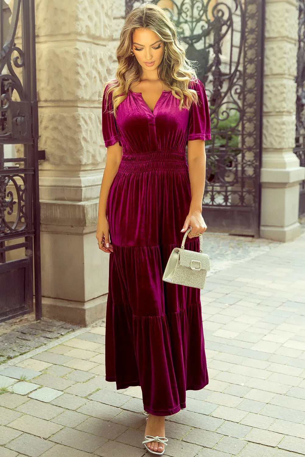 Tiered Short Sleeve Maxi Dress with Pockets, fabric and print detail