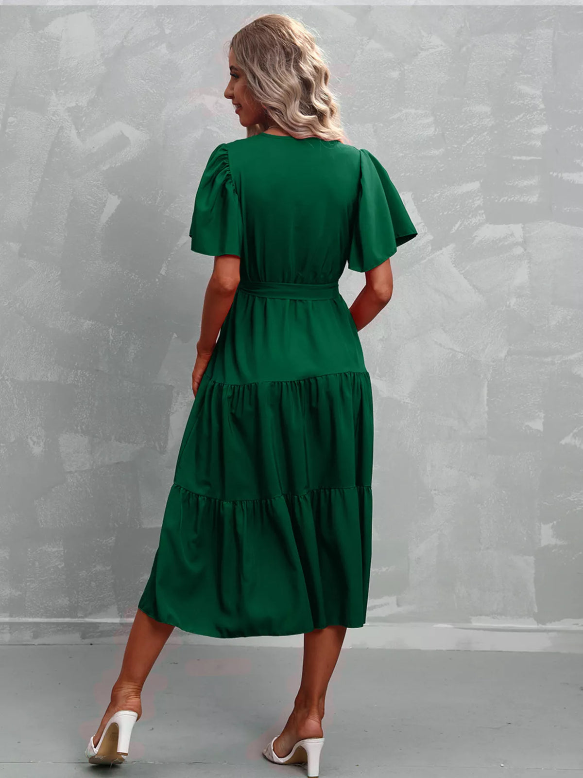 Flutter sleeve tiered midi dress front view