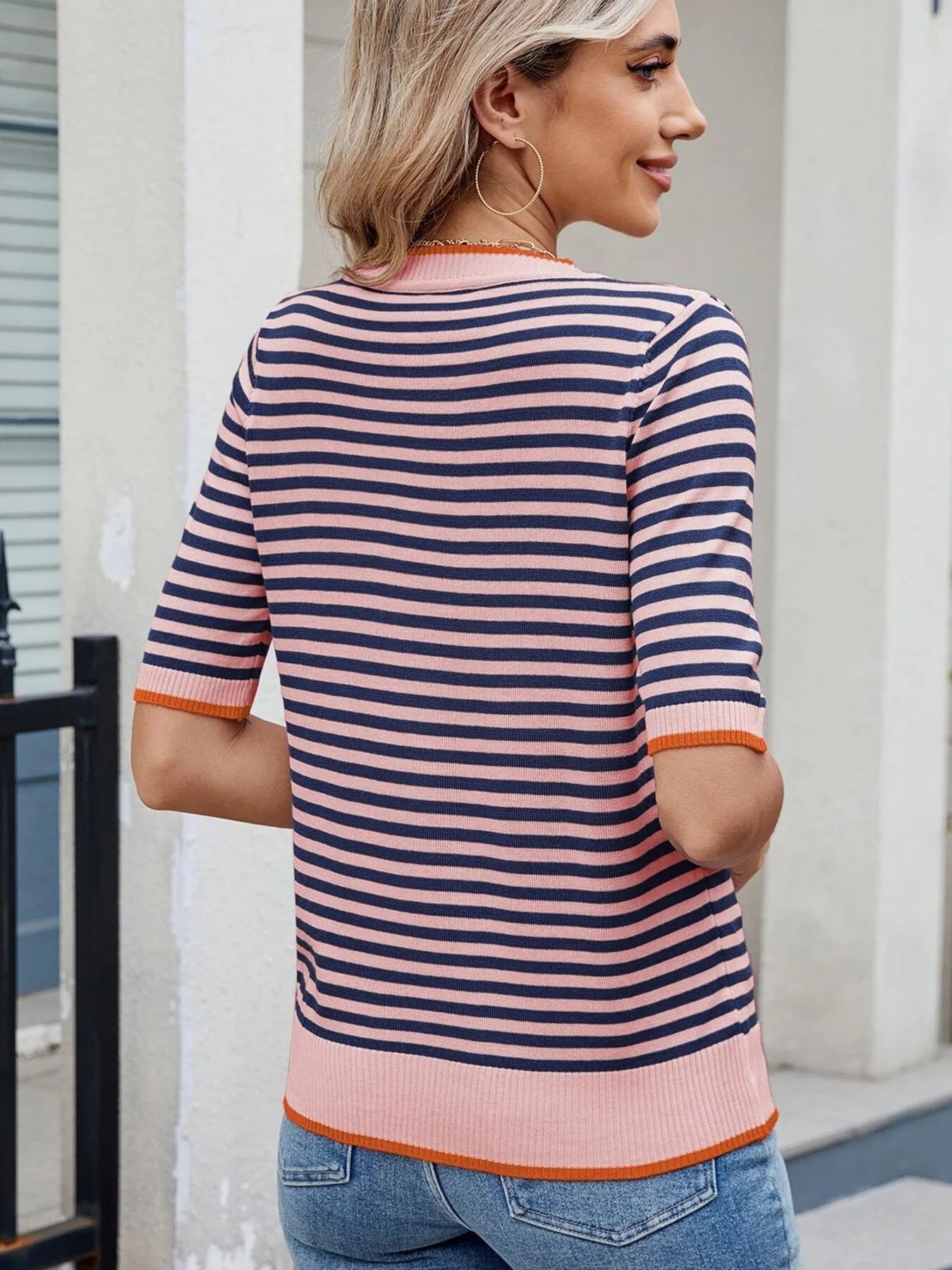 Striped Casual T-Shirt with Contrast Trim - Fashorio