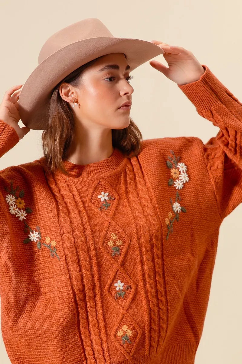 Embroidered Floral Cable Knit Sweater in Brick styled look