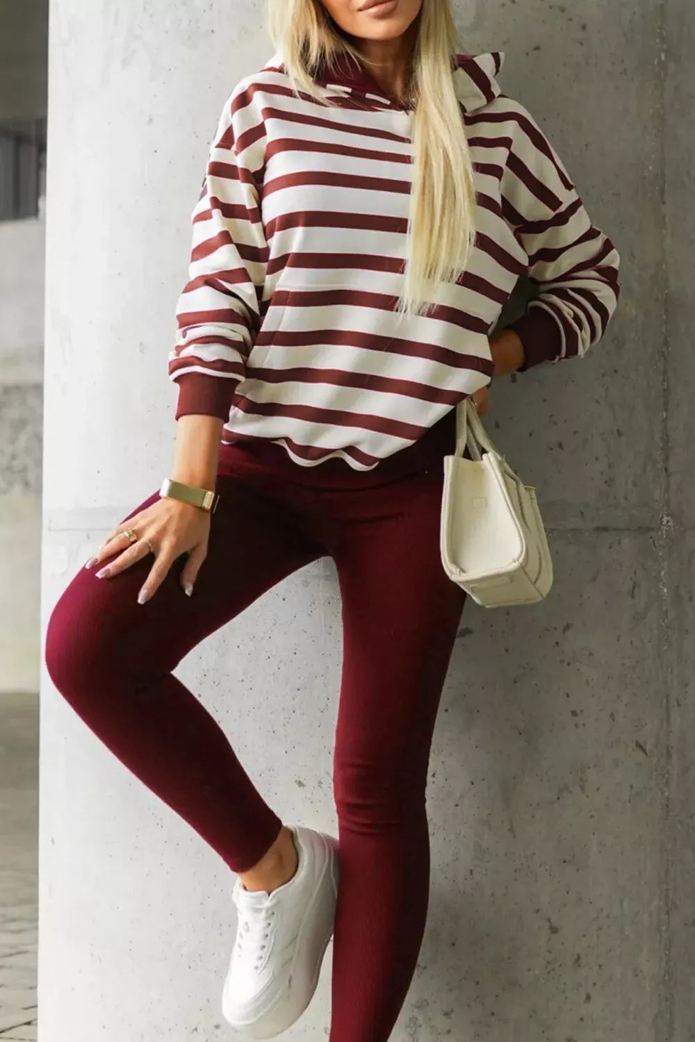 Striped long sleeve hoodie and leggings two piece set front view