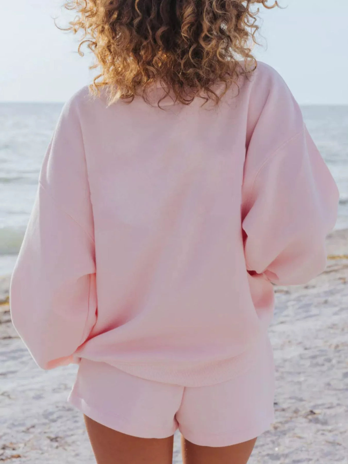 Round neck sweatshirt matching shorts coordinated look