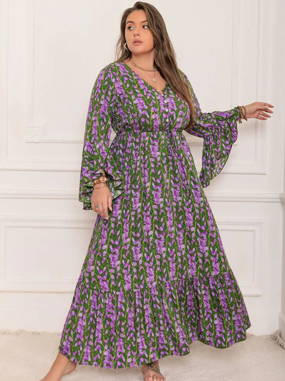 Printed V neck long sleeve maxi dress hem detail