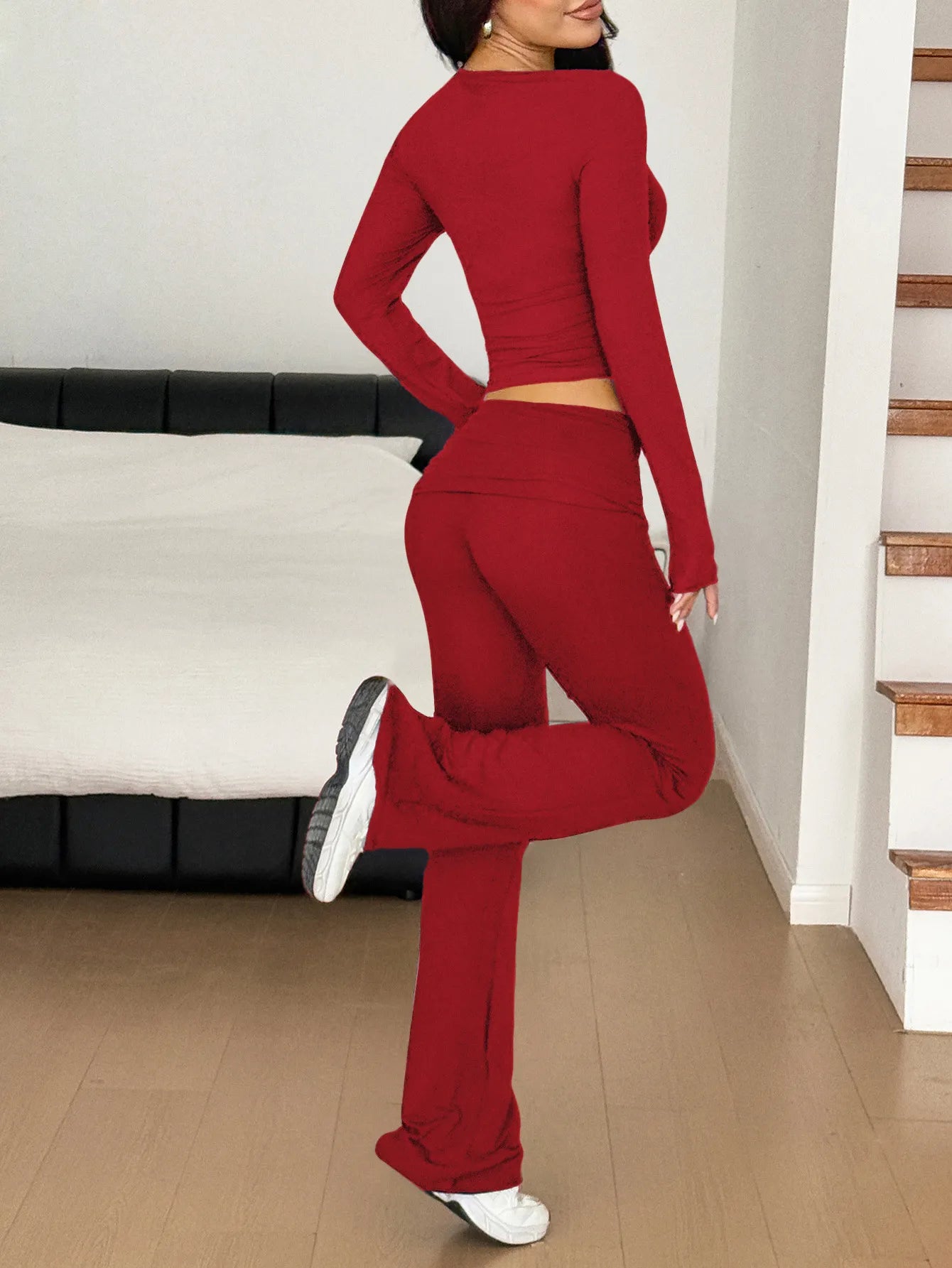 Long Sleeve Crop Top and Bootcut Pants Set - Fashorio