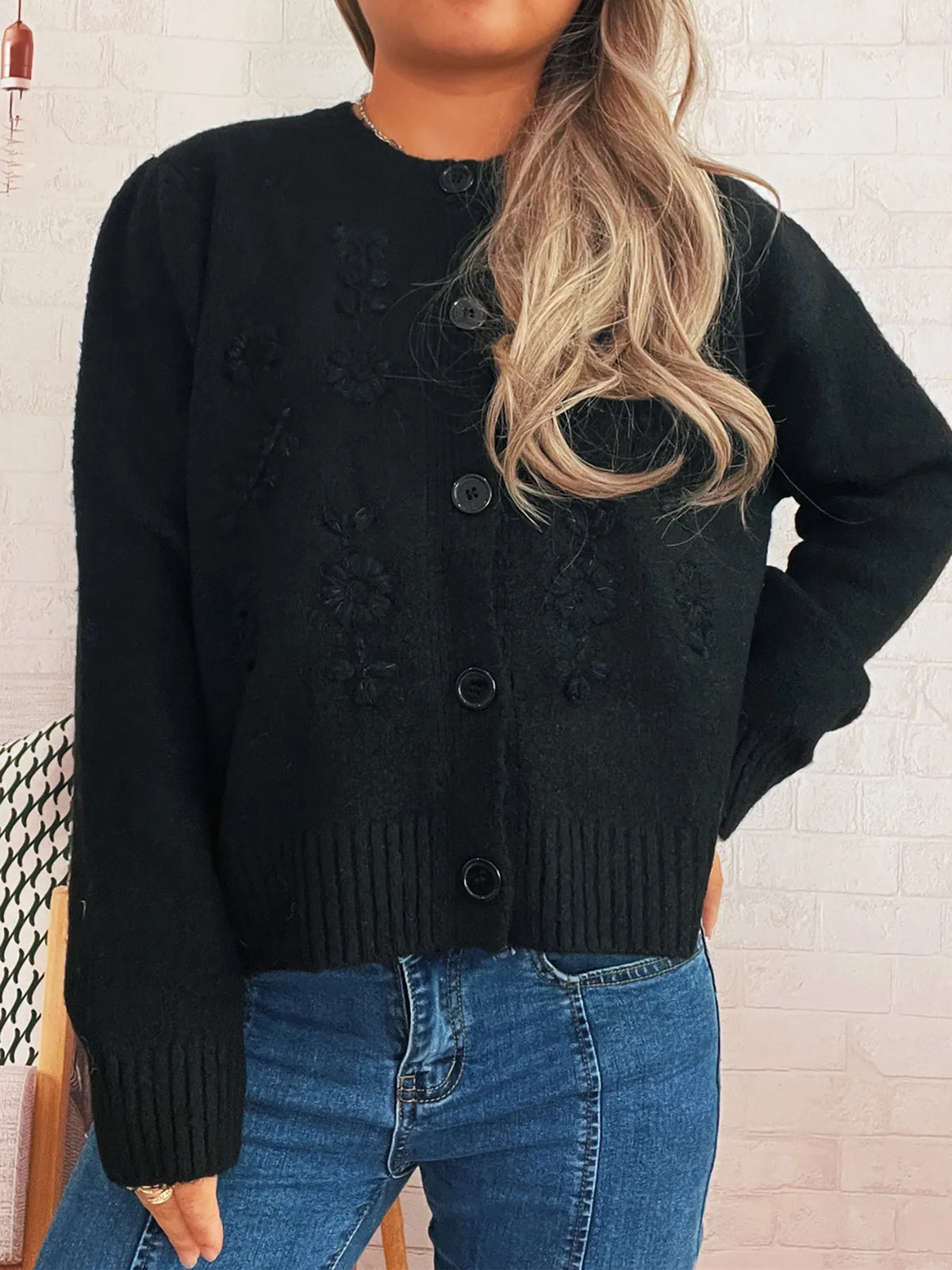 floral embroidered button up ribbed cardigan front view