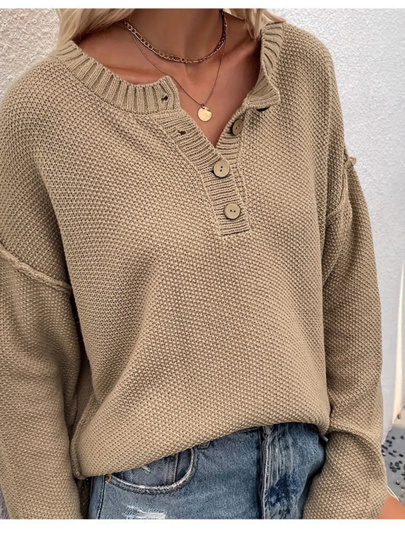 Button Detail Long Sleeve Knit Top Apricot - Fashorio