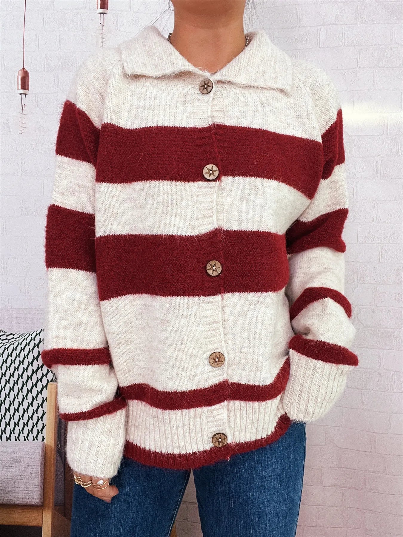 Striped Button-Up Cozy Cardigan - Fashorio