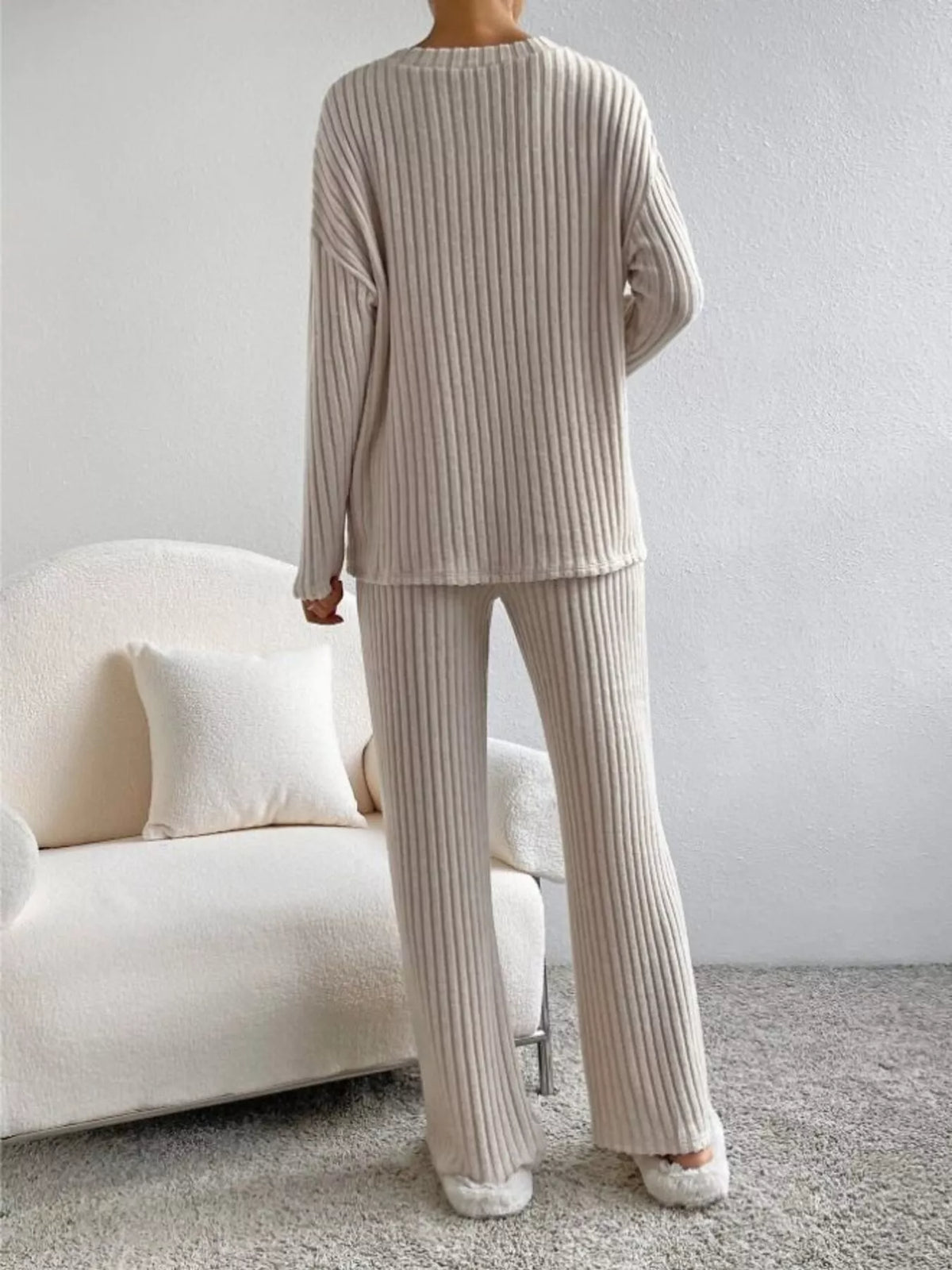 Matching ribbed knit V neck top and pants set back view